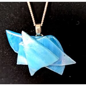 Fused glass pendant blue freeform and layered 20" SP chain + bail Lobster clasp